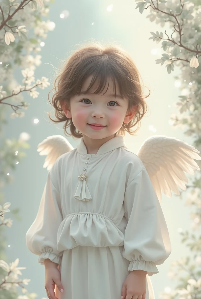 (child), Angel Cupid cos:1.3, little Asian child，brown hair, black eyes, (upper body), White dress, (in the dreamy clouds), Cupid, Ultra photo realsisim, Realistic, best quality real texture skin,cute true circle Symmetrical eyes, cute face, medieval world, epic realistic, Cinematic