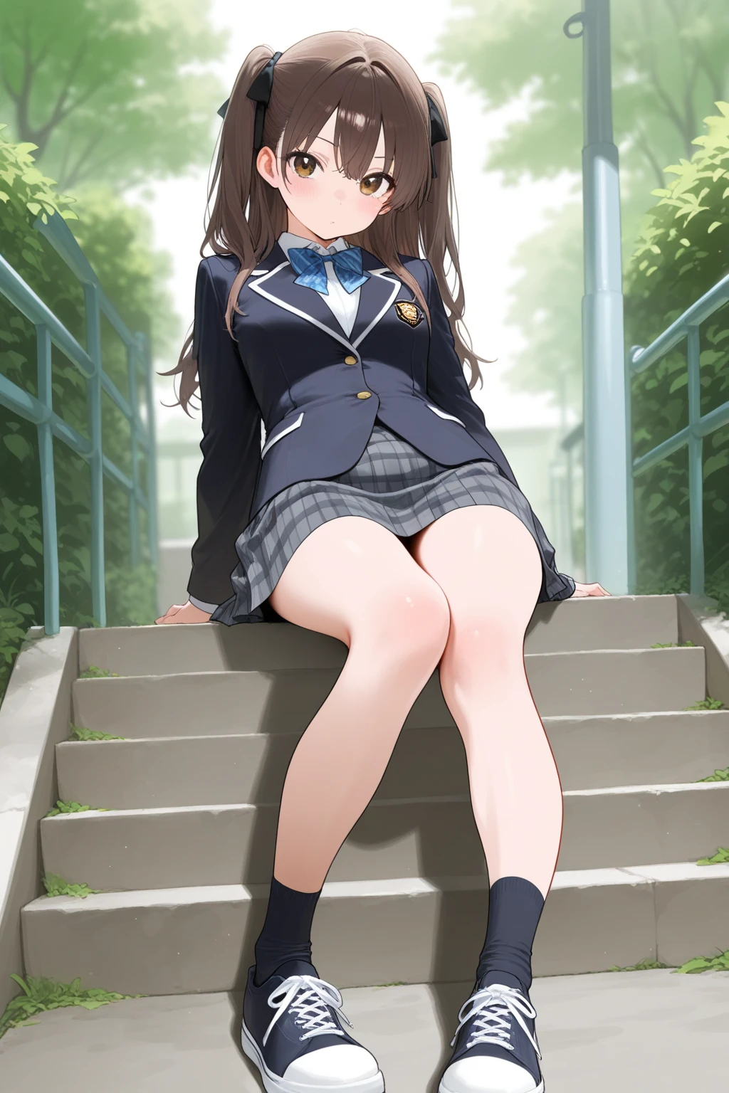 masterpiece, highest quality, Absurd, Perfect Anatomy, Beautiful background, Beautiful Face, Beautiful Eyes, Beautiful body, girl,from the front、Portraiture、 Twin tails、ribbon、Brown Hair,blush、smile、High School Girl Blazer、Sitting on the steps of the station、(Leg spread)、Hands on knees、Grey pencil skirt、Light blue lace panties、loose socks、sneakers