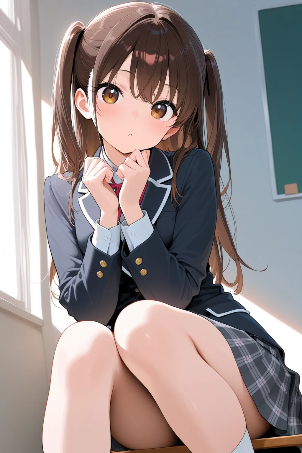 Minami Kotori、Minami Kotori、Brown hair、(Brown Eye Degree:1.5)、One side up、Hair Ribbon、bow ribbon、long、Break the blazer、a blue skirt、jaket、Otonokizaka Uniform、pleatedskirt、student clothes、Winter clothes、Looking for a break viewer、Indoor break、Classroom、BREAK (masterpiece:1.2)、top-quality、hight resolution、unity 8k wall paper、(illustratio:0.8)、(beatiful detailed eyes:1.6)、extra detailed face、Perfect litthing、Highly detailed CG、 (perfect hand、perfect anatomia)、Look at viewers、red blush、A smile、(white panties:1.3)、(Fully exposed panties:1.5)、Schools, Sit with your knees bent、Eight-headed body、beauty legs 、in a school、As if looking up from below、(knees to chest),