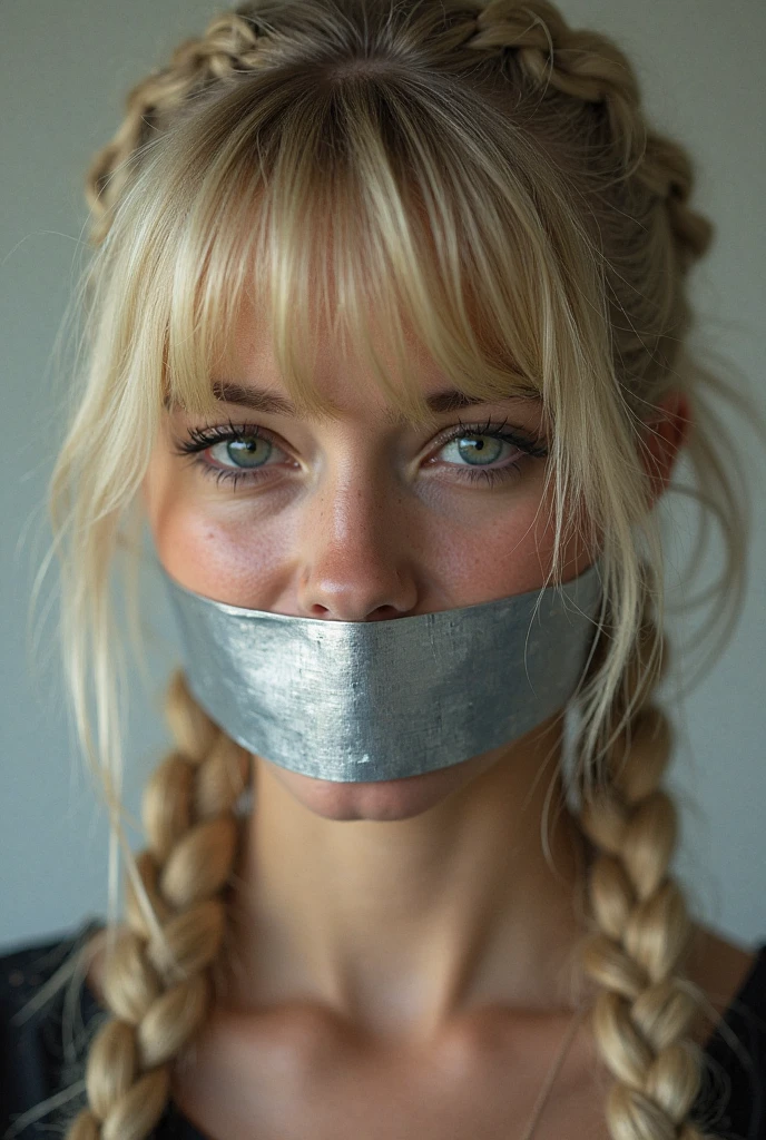 photo of a skinny very old wrinkly-faced faced mature blonde messy long hair thrown into a messy bun ponytail. She wears: (turtleneck soft high ribbed turtleneck turquoise sweater:1.1),   pose, high tight ribbed neck,  smile, perfect fake tits,  eager granny, teasing sexy old lady, mouth retractor gag