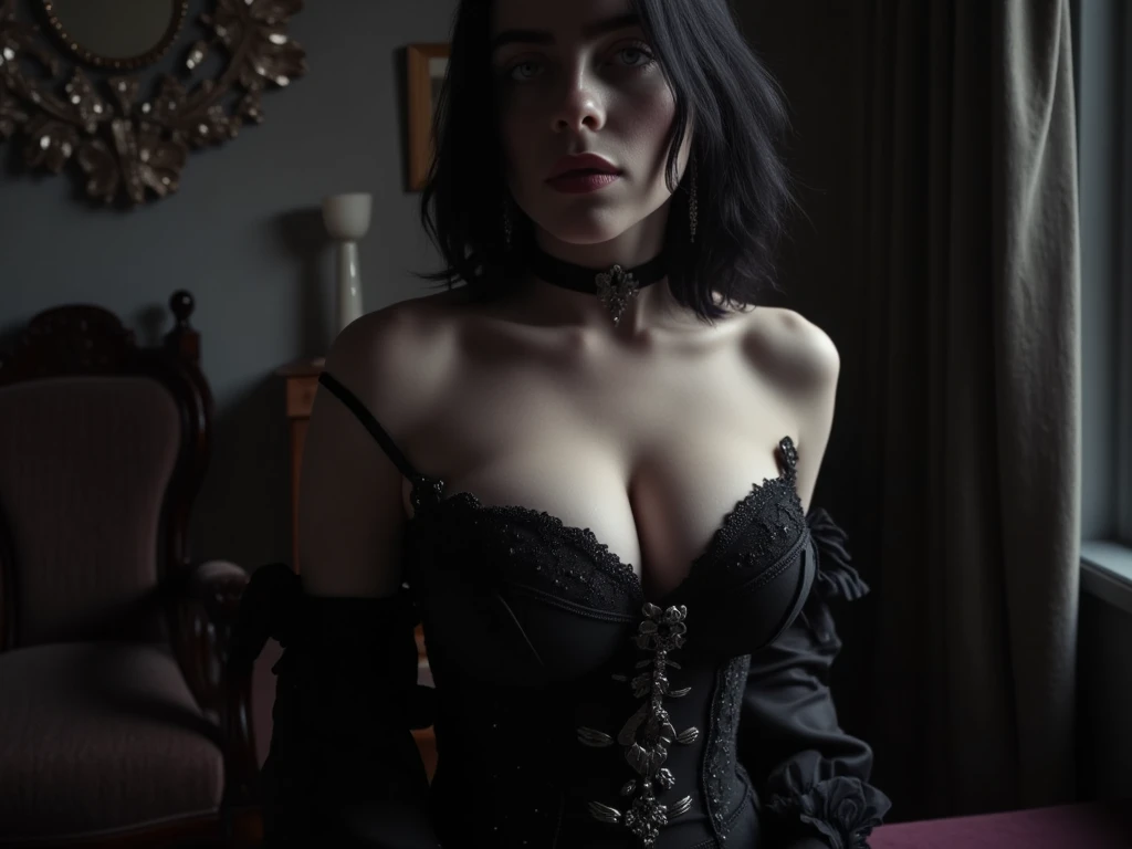 (best quality, hyperdetailed photography:1.2), beautiful white lady, ((dark black lipstick)), freckles, gothic makeup, green eyes, soft light, curvy figure, head and breast portrait, cover, (detailed beautiful face, detail skin texture, ultra-detailed body:1.1) sexy vampire women, full body photography, with black elegant and sexy dress