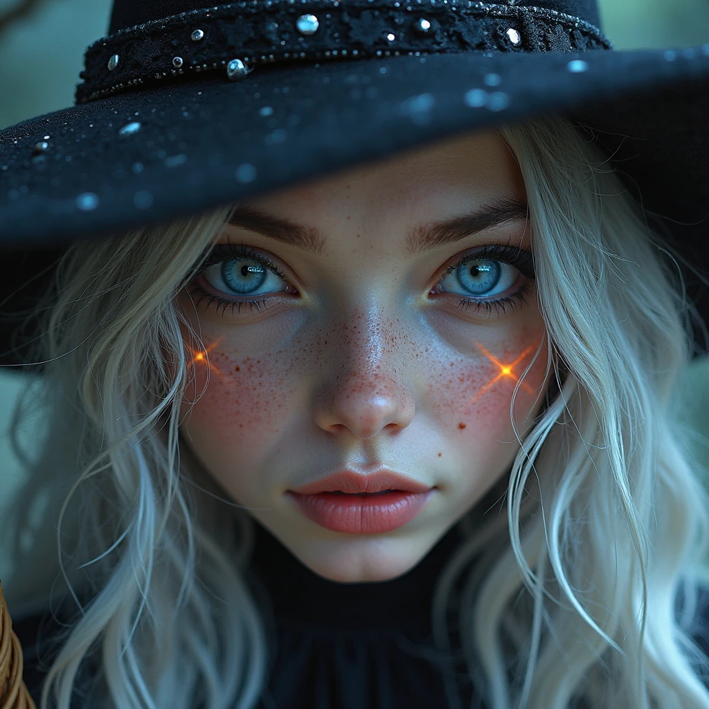 (Close-up of a better masterpiece:1.5)0.9], (Space and astronauts:1.2) (Messy silver hair:1.1) (Heterochromia xanthochromia and blue eyes:1.2), witch hat, potions, whimsical woods, (Colored stars in the eyes:1.0) (A radiant glow:1.1) (thick lips:0.9)