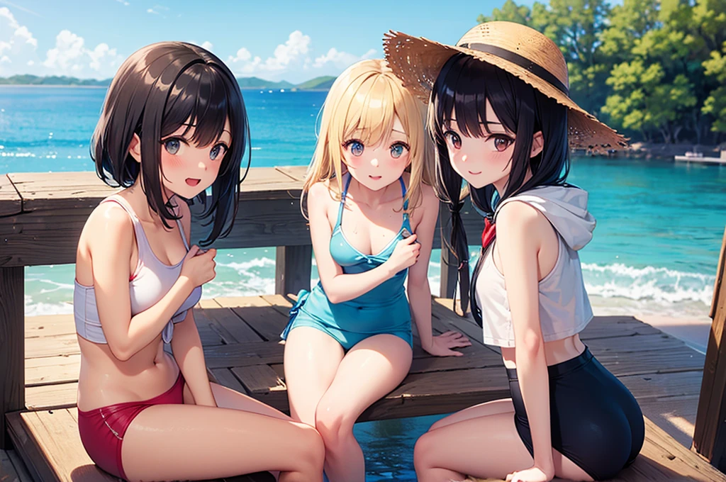 ((Highest quality)), ((masterpiece)), (detailed),Perfect Face,Strong light,With front light,Two teen sisters with small breasts and tans are completely naked on a nudist beach, squatting with their legs spread and showing the camera a close-up of their crotches,