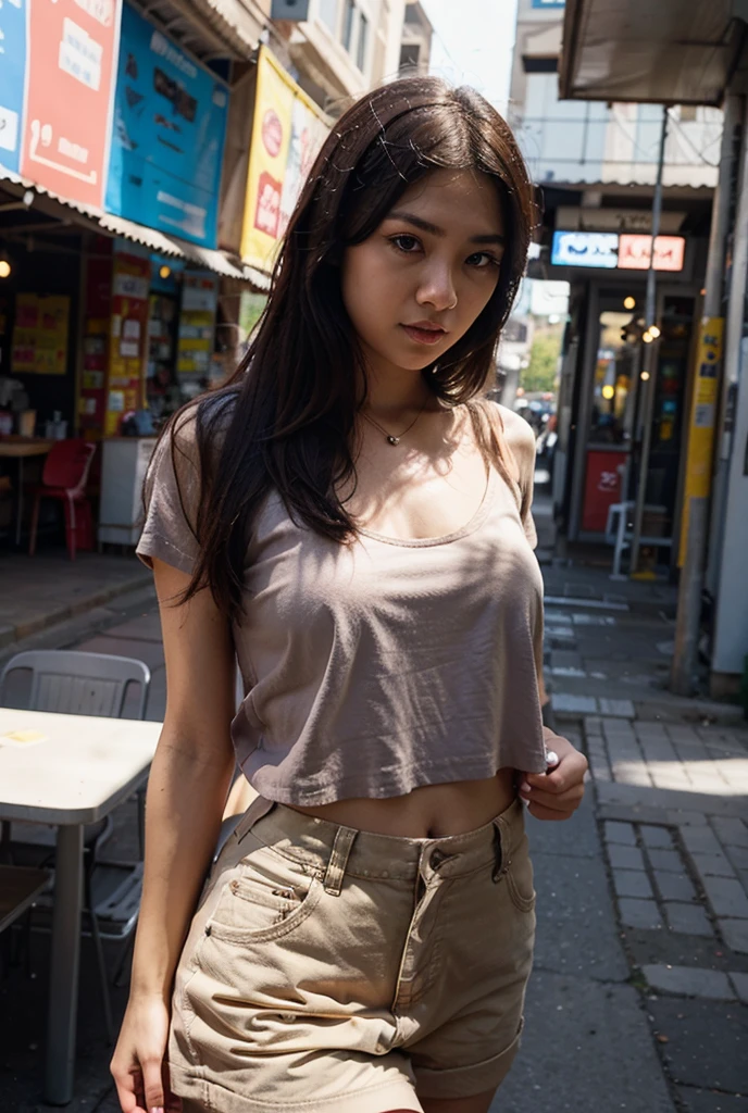 Female supermodel. Pink T-Shirt. Blue jeans. Dim, soft lighting. Sunset. Sunset. Kappabashi Kitchen Tools Street, Tokyo, Japan.