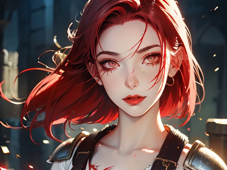 ((best quality)), ((masterpiece)), ((realistic)), adult woman, red hair, ponytail, blue eyes, red jacket, black shorts, final fantasy, kingdom hearts, light particles, light rays, illustration, highly detailed, sharp focus, digital render, professional, 4k, artstation, close up, portrait