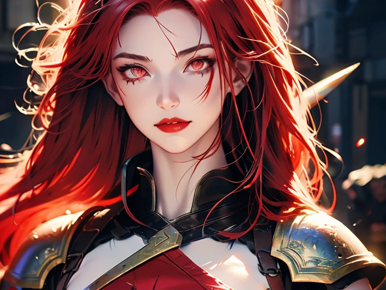 A fierce girl with fiery red hair, adorned in tribal face paint, standing atop a mountain peak with a storm brewing in the background. Rendered in a bold, abstract style.

