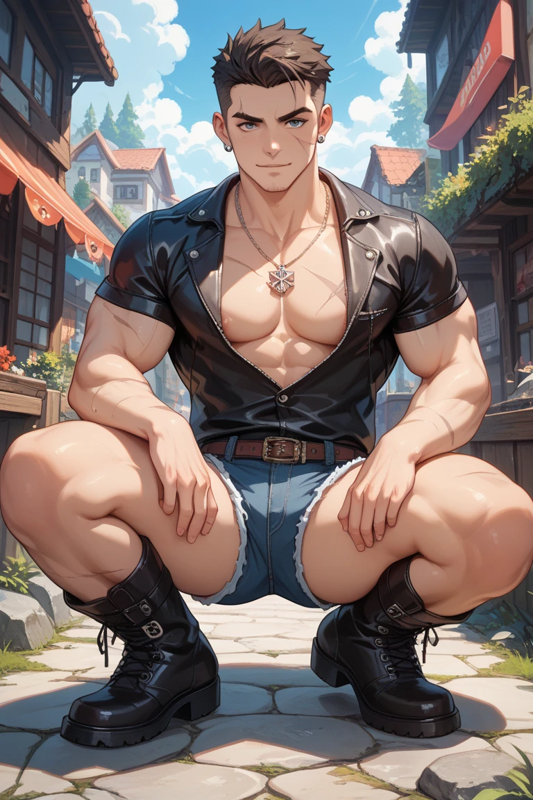 best quality, masterpiece, anime art style, athletic and tall 18 year old boy, freckles, very messy blond hair, big glasses, shy, wearing translucent bikini thong and cropped shirt crawling out from a dog kennel, collar on the neck, nipple clamps on the nipples, at a farm, lifts up tshirt, pubic hair, erection, big bulge, penis outline, sexy, gay, homoerotic, perfection, in a park, no watermark, no logo, no signature