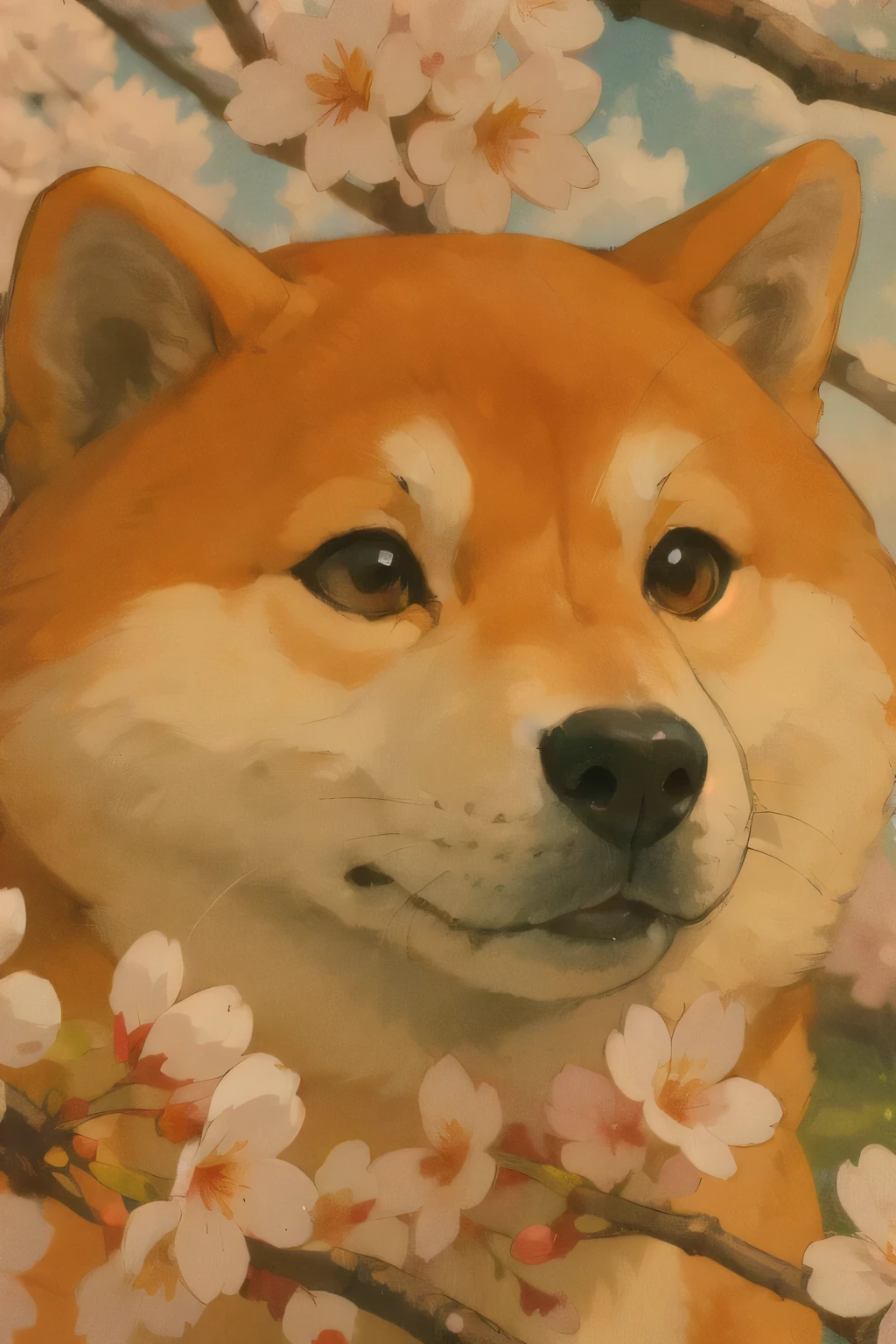 桜の木の中で笑顔を浮かべるShiba Inuの絵, anthropomorphic Shiba Inu, inspired by Shiba Jianghan, Doge, Shiba Inu portrait, Sheba dog, Japanese Dog, cherry blossoms, Shiba Inu, Shiba Inu dog, Lofi Art, Art by Kubisi, Adorable Digital Painting