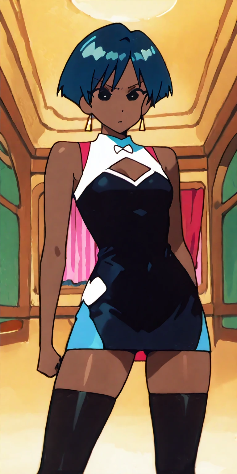 1 hot girl, dark skin, black eyes, high-slit dress, low-cut cleavage, halter, thigh cleavage, grin, slutty, gorgeous, athletic figure , subsaharan african