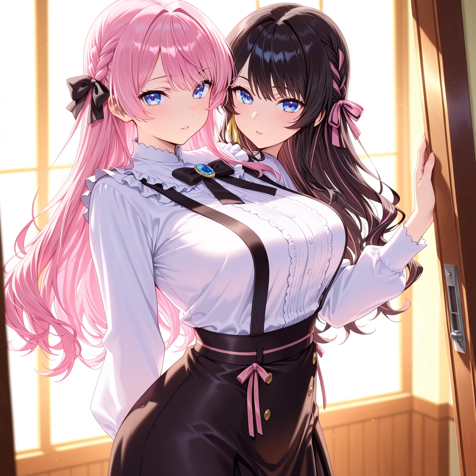 Girls with pink hair, long double-tailed hairstyle, ((small pink bushy eyebrows)), wearing lolita clothing, shorts, marked vagina, lolicon (Zankuro) drawing style by zankuro artist, Zancro style, image uploaded to R34, flirty smile, take a selfie from below, close-up, (( showing pubes )) in restaurant ((grabbing breast each other))