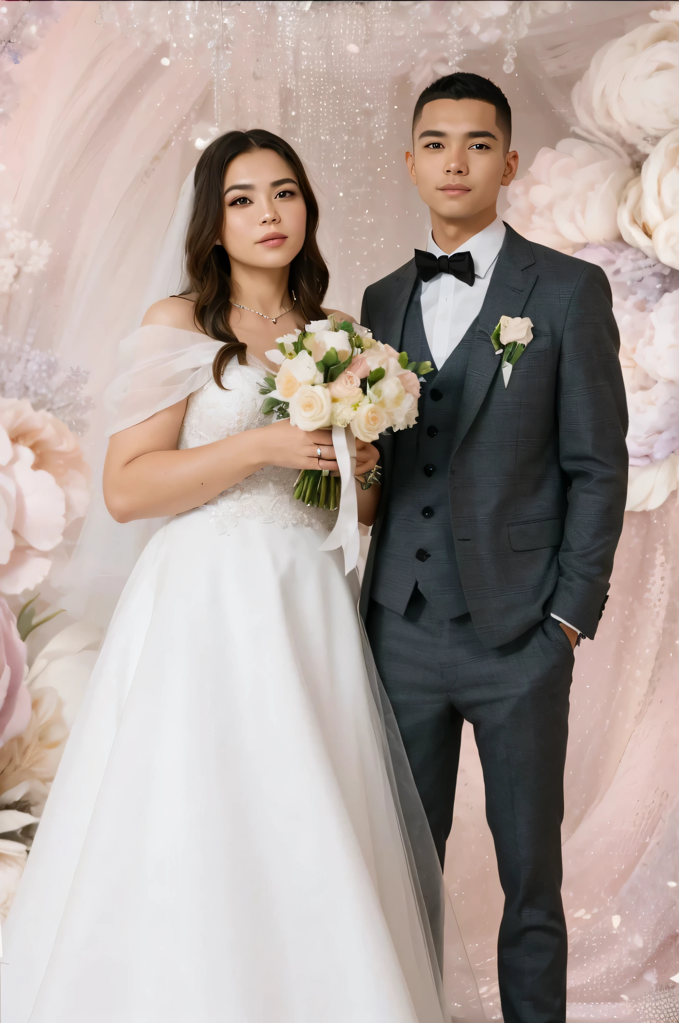 Describe an enchanting wedding scene where a brunette woman with shoulder-length wavy hair and sparkling amber eyes is radiant in a stunning wedding dress. Her flowing white gown stretches to the floor, adorned with delicate lace detailing and sparkling pearls. The transparent veil drapes smoothly over your shoulders, enhancing your natural beauty. In her hands she holds a bouquet of fresh and colorful flowers, harmoniously blending in with the surrounding decor. Soft, fragrant petals in pastel tones form a dazzling composition in your delicate hands. Beside her, the husband proudly wears an elegant dark suit that highlights his firm and confident posture. His eyes brim with love and admiration as he gently holds the bride's hand, showing their deep connection and mutual commitment. The setting is an idyllic wedding ceremony, with flower-bedecked benches and a gentle breeze bringing a sense of romance to the air. In the background, an arch of bright flowers and a picturesque landscape, such as a lush garden or a stunning beach, create the perfect environment for that special union. Emotions are palpable as guests smile, holding back tears of joy, witnessing this moment of everlasting love. Happiness overflows in the atmosphere, celebrating the union of these two hearts that now become one, while promising lifelong love and commitment. 8k ultra HD Vivid colors masterpiece ultra resolution