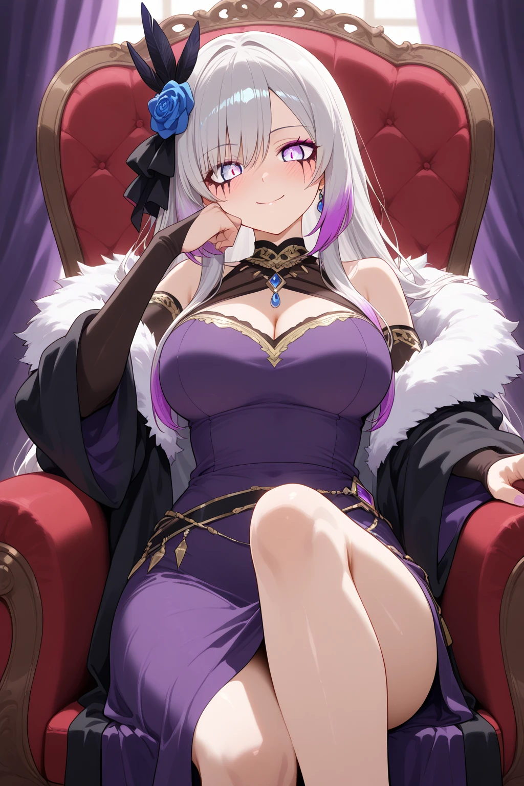 young girl, long curly lilac hair, purple eyes, sheep horns, princess dress, open breasts, sitting in a wheelchair, masterpiece, high quality, high detailed, HD, 4K