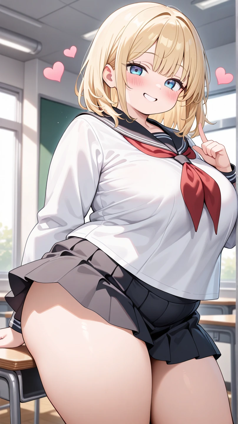 ((1 girl))、smile、small breasts、(cowboy shot)、(cardigan)、(blonde)、、(single braid)、(eye highlights:1.3)、blake black footwear,(黒いskirt)、bow, button, shirt with collar, long sleeve, ((red bow tie, , black jacket, open jacket, 茶色のcardigan, white shirt, 黒のskirt, チェック柄のskirt、white socks)),, shirt,, skirt, socks, thighs, white shirt, rest indoors, ((classroom:1.5))、 BREAK While watching the audience、(skirtを掴む:1.0)、 (perfect hands, perfect anatomy),cowboy shot、(skirt lift:1.3), (Pull Panties)、((shaved pussy:1.5))、(skirt that rolls up:1.3)、(Highly detailed labia fully exposed:1.5)、(Photo seen from below)、