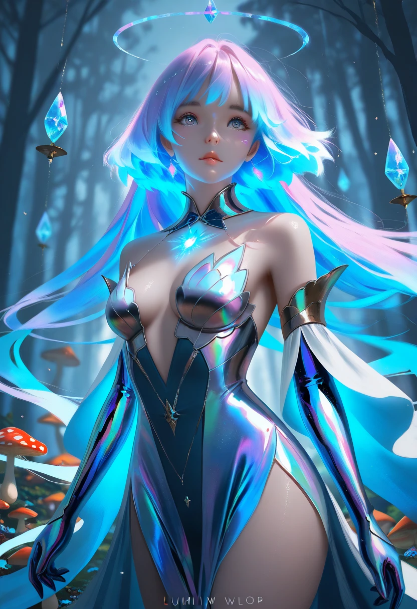 Captivating masterpiece by artist Cepriu with neon gel. The scene captures a beautiful elf in front of the viewer emerging from the chaotic, swirling neon gel patterns of a lake. The elf's silhouette is a captivating fusion of vivid colors and fractal shapes, her body composed of countless tiny particles of stardust that create intricate patterns. Its glowing bioluminescent skin displays a kaleidoscope of luminous blues, greens, yellows, reds and purples, reflecting the dynamic nature of the simulation. Her bright fluorescent rainbow hair, a swirling mass of lines, connects with the surrounding atmosphere and adds to the chaotic beauty of the scene. All around him are little sprites of light and energy, and sound waves that trigger greater transformations in 3D rendering, illustration, typography, painting, photography and conceptual art.