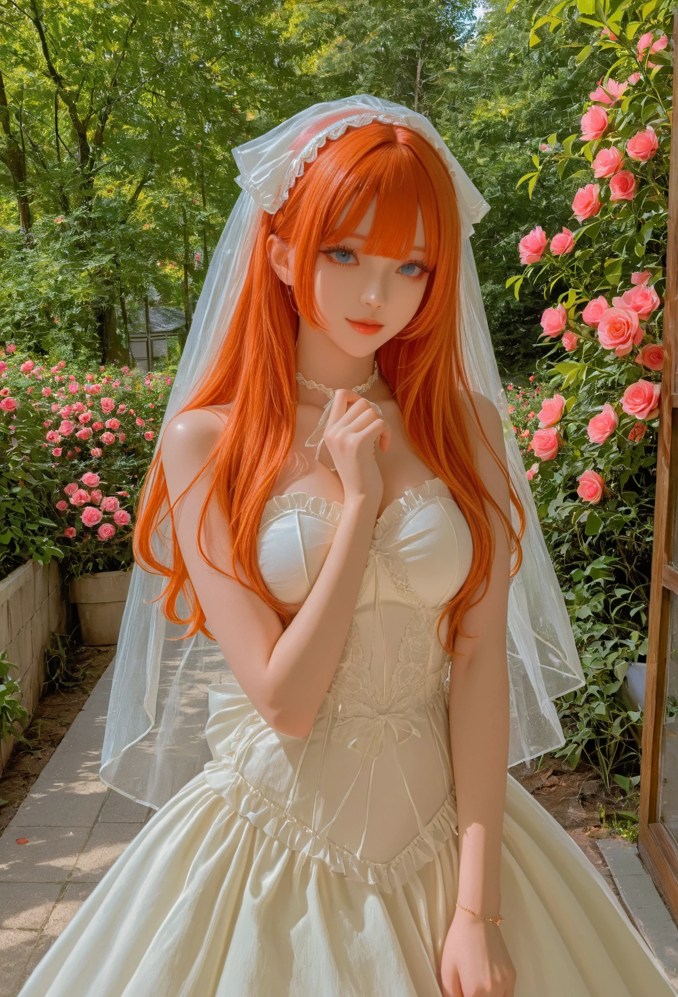 ayasakairemi, 1girl, high school girl, teenager, twintails, red hair, red eyes, gloves, dress, cleavage, bare shoulders, collarbone, elbow gloves, white gloves, white dress, strapless, tiara, veil, strapless dress, wedding dress, bridal veil, beautiful woman, perfect body, perfect breasts, wearing a wedding dress, ball gown, being in a garden of trees, wedding decorations, looking at the viewer, a slight smile, realism, masterpiece, textured leather, super detail, high detail, high quality, best quality, 1080p, 16k