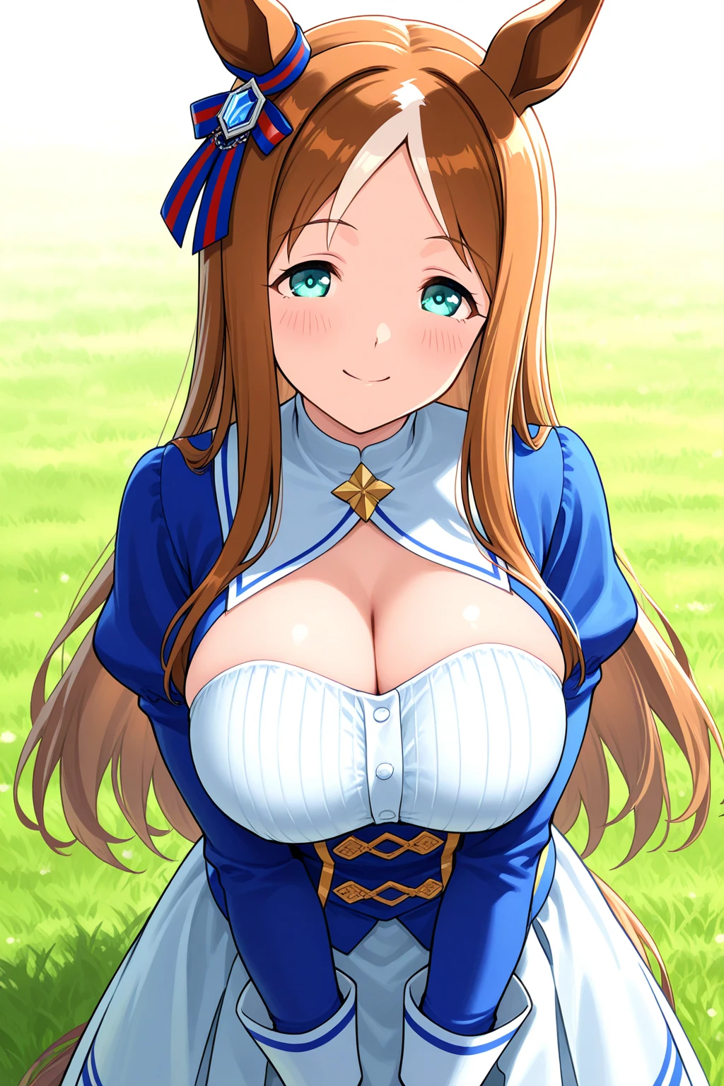 ((highest quality、High resolution))、A beautiful woman、Perfect body、beautiful ample breasts、Nipples、Long blonde、bangs、Blue and white、Embellished blue sexy dress、skirt、a sexually excited look、Legs wide open、(((POV、straddling、Having sex、orgasm)))、Creampie、Outdoor Scenery
