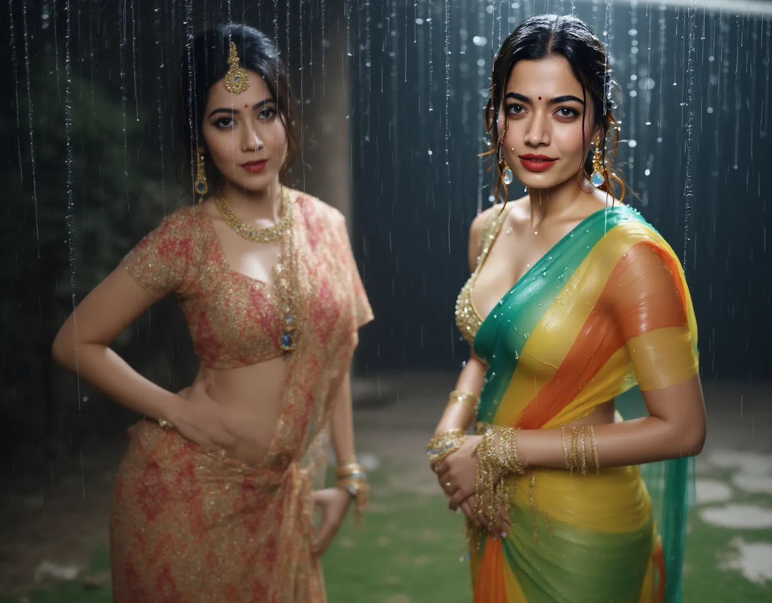((2 women)) perfect pink eyes, fantastic face, Indian, beautiful look, ((red lips, bright eyes, curve heir 1.5)), ((beautiful details very big breast )), (Straight round sagging breast), A glorious gorgeous, glorious gorgeous face, pretty face, bright eyes, detailed elegant printed yellow saree, updo elegant hair, blurred gray tones background, ultra focus, face ilumined, face detailed, 8k resolution, painted, dry brush, brush strokes, razumov style and garmash style, by Tokaito, green bra flower, green, orange blouse,((swimming pool, swimming, water splash, splashing water on eachother, splash))((splashing water on eachother))2 women group, grabbing eachother, kissing touching eachother))((grabbing from behind ))bend over, hand on waist, one hand behind head in hair, ((fully covered body, full saree, fully covered blouse))