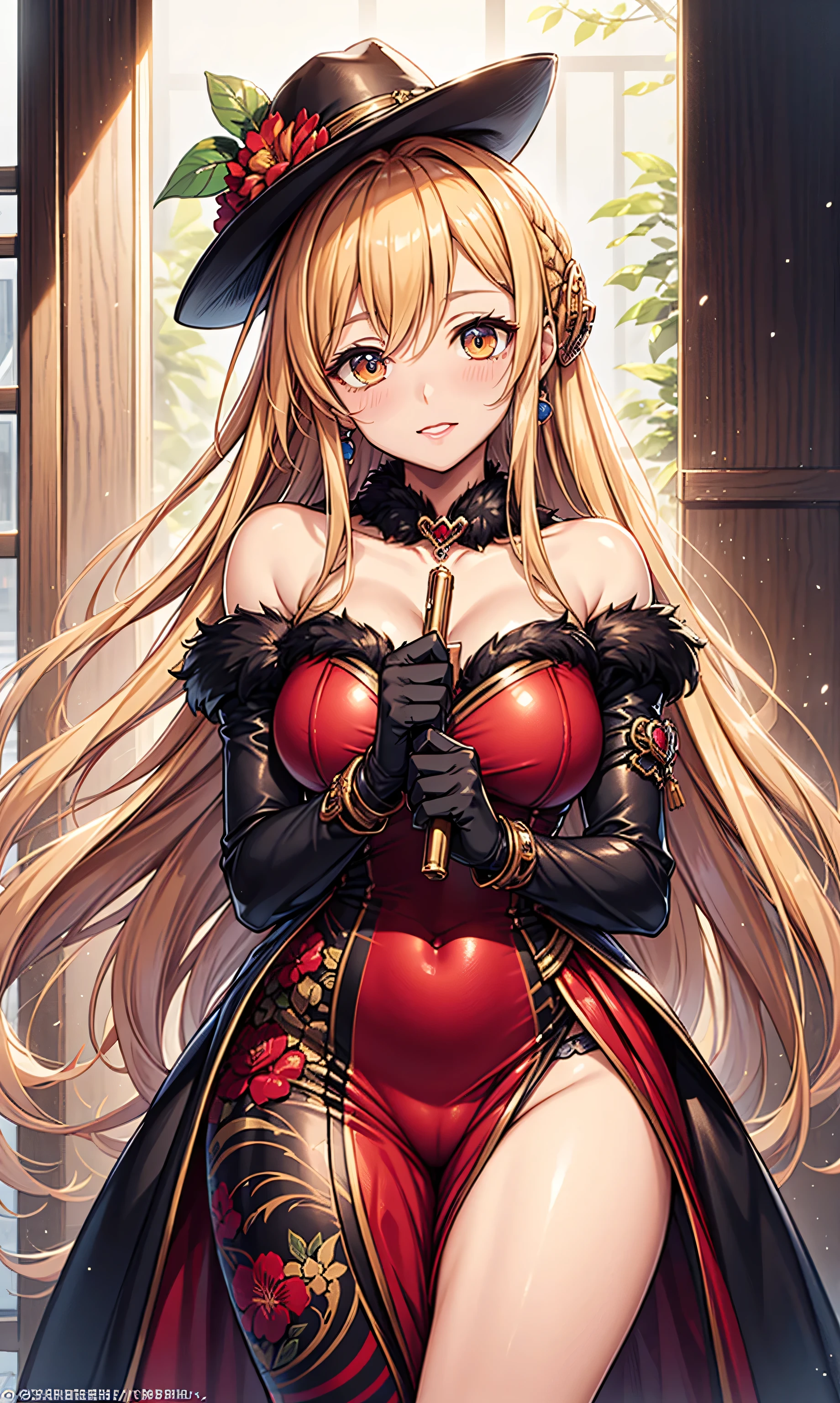 masterpiece, best quality, highres, hmpris, long hair, braided bangs, low ponytail, hair ornament, choker, collarbone, necklace, cleavage, bare shoulders, red dress, detached sleeves, black sleeves, <lora:priscilla_barielle_v1:0.7>, indoors, frown, (dress lift:1.3), thong, standing, panties, garter straps,
