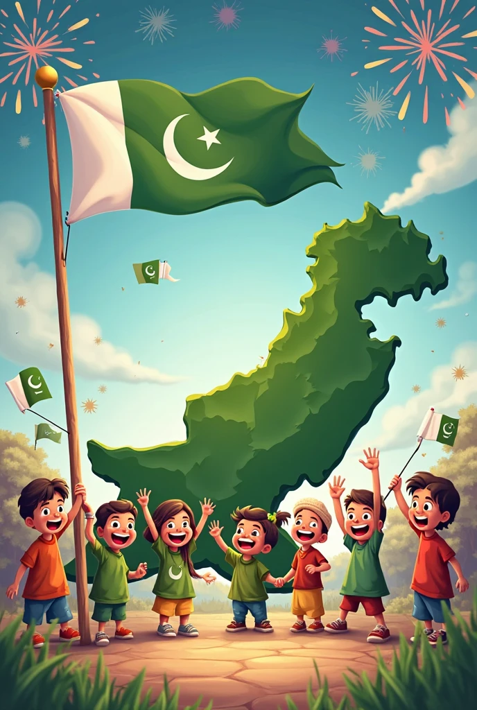 Happy Independence Day of Pakistan! A cartoon depicts youth celebrating on August 14th. A 17-year-old boy is wearing a green shirt and white pants, holding flags in both hands with the correct orientation of the moon and star. In the corner, two 1s are wearing green kameez and white shalwar, also carrying flags and cheering for Pakistan.
