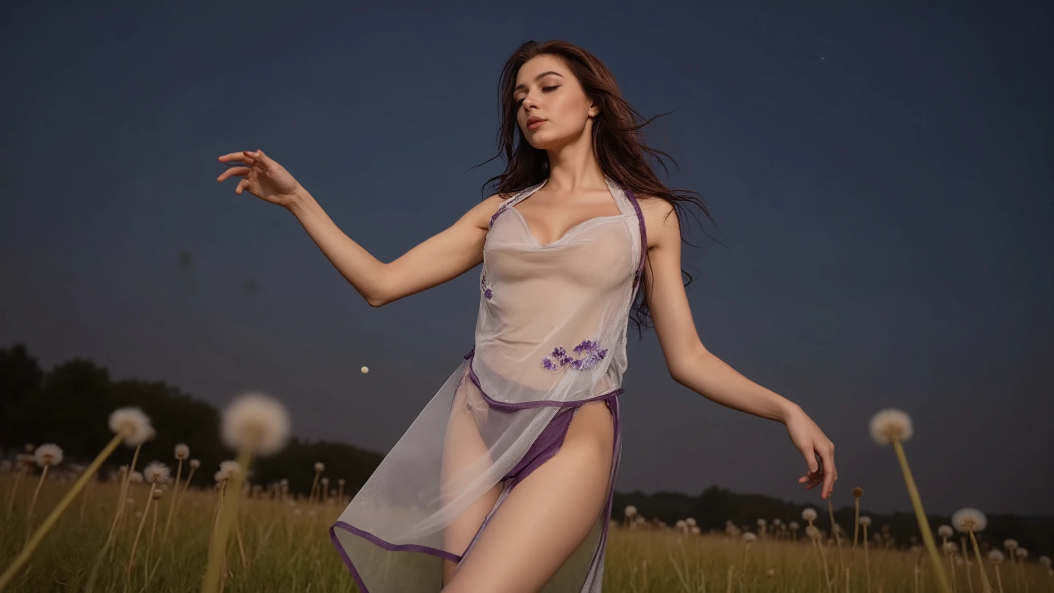 (low angle view, full action, motion blur, very dark blue sky, 1star in the sky). (in the foreground, medium shot, photorealistic, dancing with the close-up flying dandelion), a young cold large-breast:1.1 eastern woman in a very deep-v half-transparent white extremely short mini dress, , slim:0.6 body, slim face, legs opened, detailed face, yellow flower hairpin), looking at veiwer, refreshing set-me-free mood, blur glass field in the background, blur background.