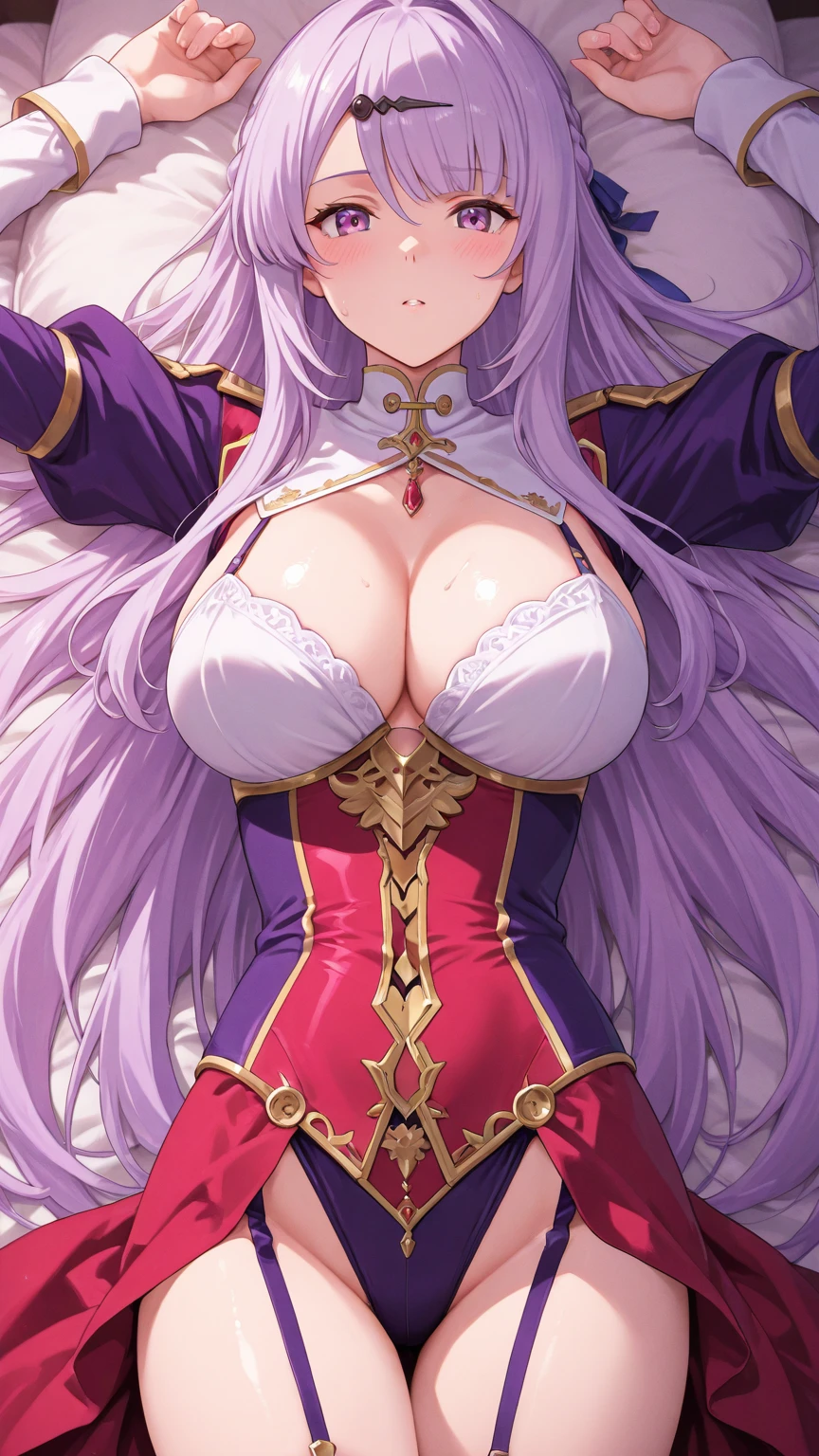 (highest quality),(High resolution),(Sharp focus),(full intricate details),(Very high quality artwork),(Extremely detailed 8K CG),((Perfect piece) ), (((masterpiece))), Perfect Face、Pink hair long、Green Eyes、White、one person、He smiled mischievously.、Big Breasts、Thighs