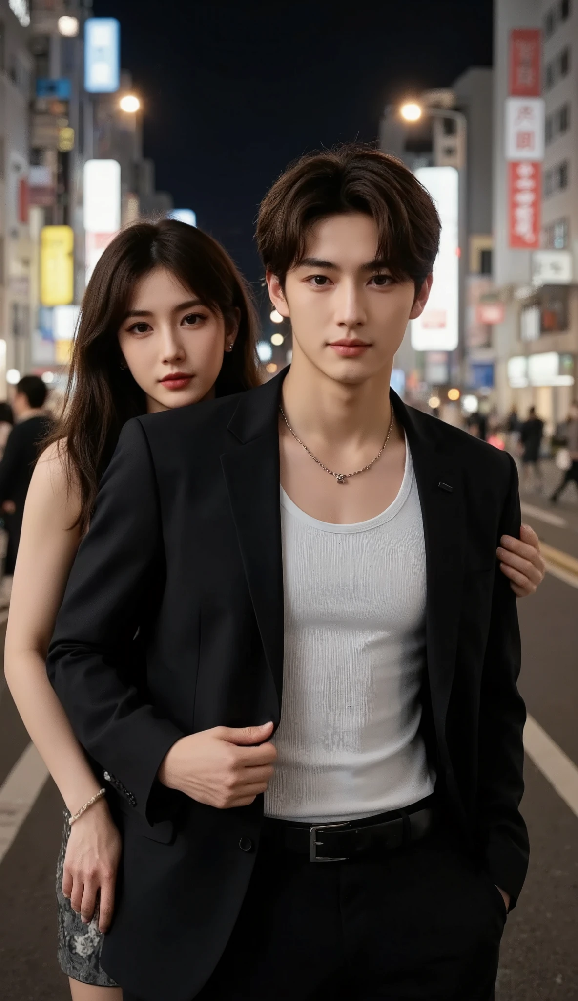 man standing in front of camera,One person、((full body shot with mahiru:1.5))、 with a smile、wearing a white tank top as an inner layer and a black suit,black belt、 ((CENTER PART HAIRSTYLE:1.5))、Justin Sun ,  Asian male, Promotional Images、and the background is a girl holding hands with viewers in the downtown area of Shibuya in Tokyo at night