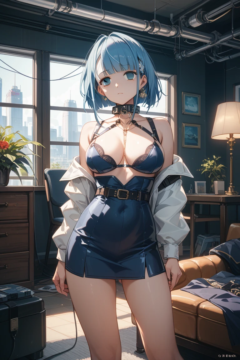 short hair, big breasts、garterbelt、 slim legs, happy, cleavage, short skirt, navel, blue eyes, school uniform, thigh high socks, standing, ラブホテルの薄dark room、The lighting is dark、dark room、