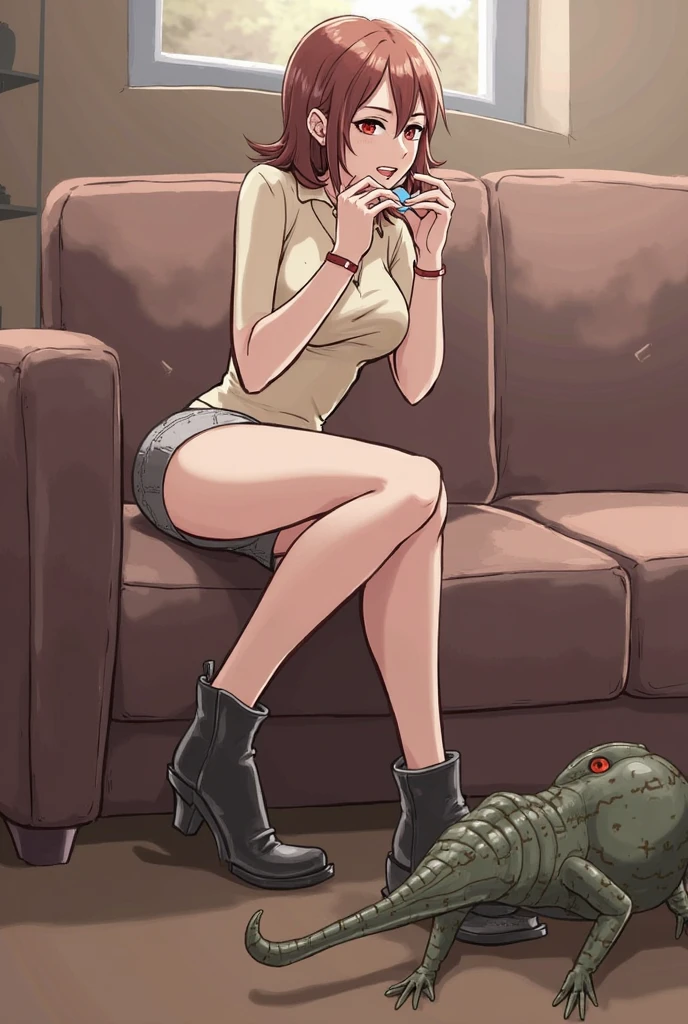 Realistic, sexy naked, brown hair, big, lace transparent underwear, open legs, camel toes, purple lips, smile, curly hair, green travel shoes, right fingers, blue nails, sitting on a kneaded sheet, realism, seduction, ray tracing