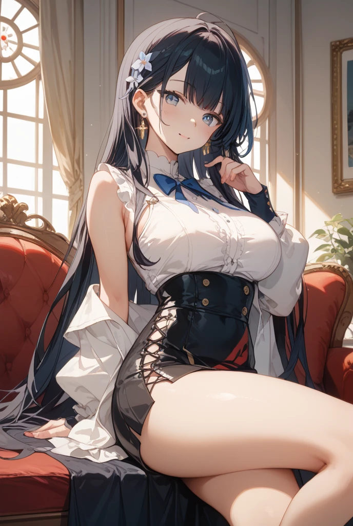 ,masterpiece, highest quality,8K, ultra high resolution,ultra high resolution,stewardess's pierced eyes,Expressionless,white beard,bow hair ornament,get wet,Deer tail,bow,yes,Colored Glass,chinese wind,Ji Jihwa's cleavage