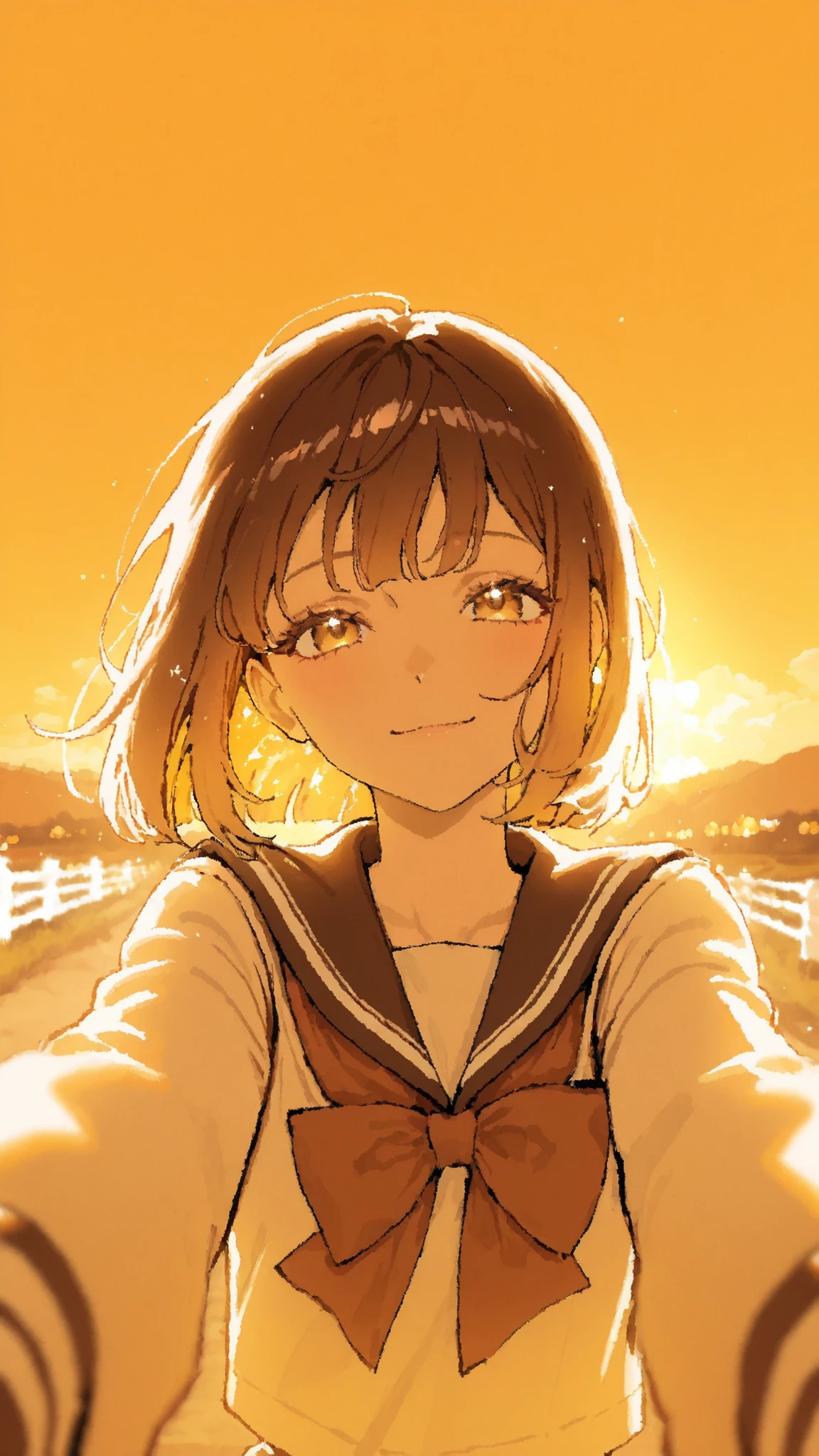 시티팝, anime girl, short brown hair, sailor school uniform, soft smile, backlight sunset, golden hour, glowing hair, first-person POV, countryside road, white fence, orange sky, warm color tone, soft shadows, emotional atmosphere, cinematic lighting, anime style, high detail, depth of field