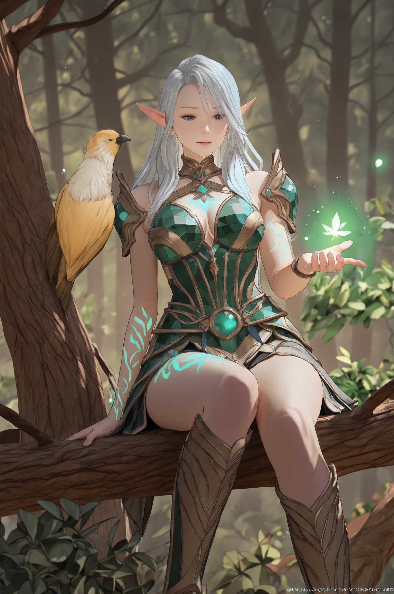 In the heart of a mystical forest, a seductive elf maiden sits upon a tree branch, her emerald eyes sparkling as she shares secrets with a radiant bird adorned with glowing feathers.