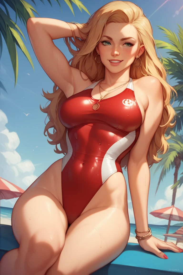 Baywatch, young blonde woman, breasts:1.2, red one-piece swimsuit, buoy, thin, pale blue eyes, beach, ((running in the water)), wet:1.5, (small buttocks: 1.3), (delicate beautiful attractive face, anime girl, blonde wavy hair, light blue eyes, wavy and straight hair, big luscious lips, 18 year old)