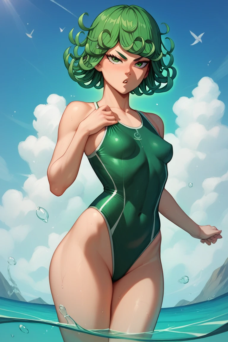 A superheroine with muscular legs and a toned abdomen, with pink hair and blue eyes, She wears a super tight green swimsuit and her skin shines with oil., which is flying over a moonlit city at night, the image is super realistic style.