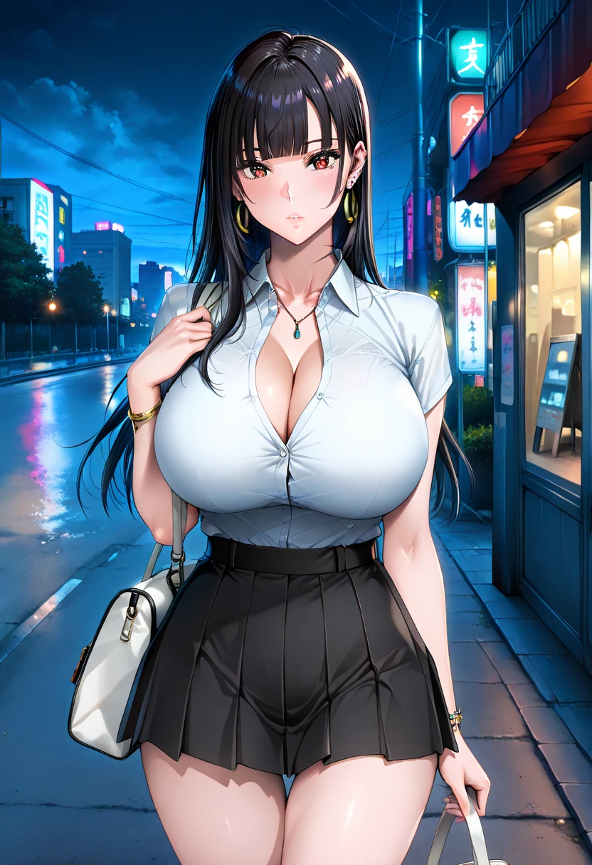 Score_9, score_8_up, score_7_up, score_6_up, score_5_up, score_4_up, source_anime, ganguro, gyaru, solo, 1girl, Yamanba, 40yo, whore, prostitute, Mature female, huge breasts, wide hips, thick thighs, BREAK nishizumi shiho, gyaru mama, black hair, blunt bangs, long hair, collar, choker,office lady,(black skirt, long sleeves, pantyhose, balck jacket:1.1) belt, walking, sideview, purple lips, long eyelashes, eyeshadow, looking at viewer, pov, outdoors, tokyo \(city\), night time, blurry background, city lights, neon lights, covered nipples, bracelet, seductive smile, long fingernails, nail polish, collarbone, pregnant, big belly, cigarette, smoking
