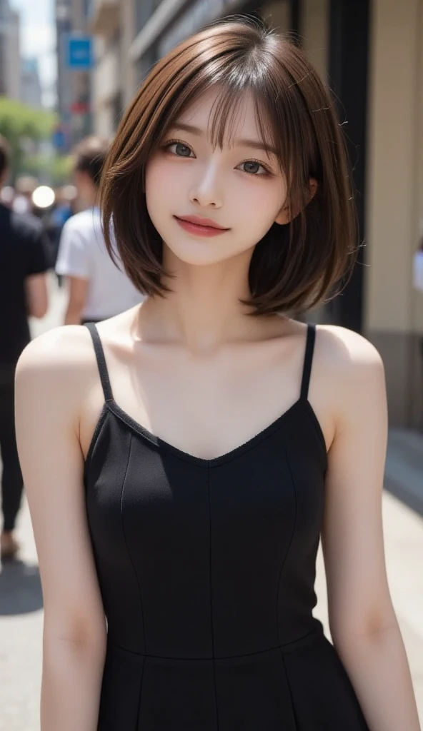 Tabletop, Highest quality, figure, Very detailed, In detail, High resolution, 8k wallpaper, Perfect dynamic composition, Beautiful attention to detail, (Symmetrical eyes:1.3)、Women&#39;s fashion,Very short hair,Small Breasts Natural Color Lip, Bold sexy pose,smile,Harajuku、20-year-old girl、cute、sexy shot looking at camera、peasant dress、Background Outdoor