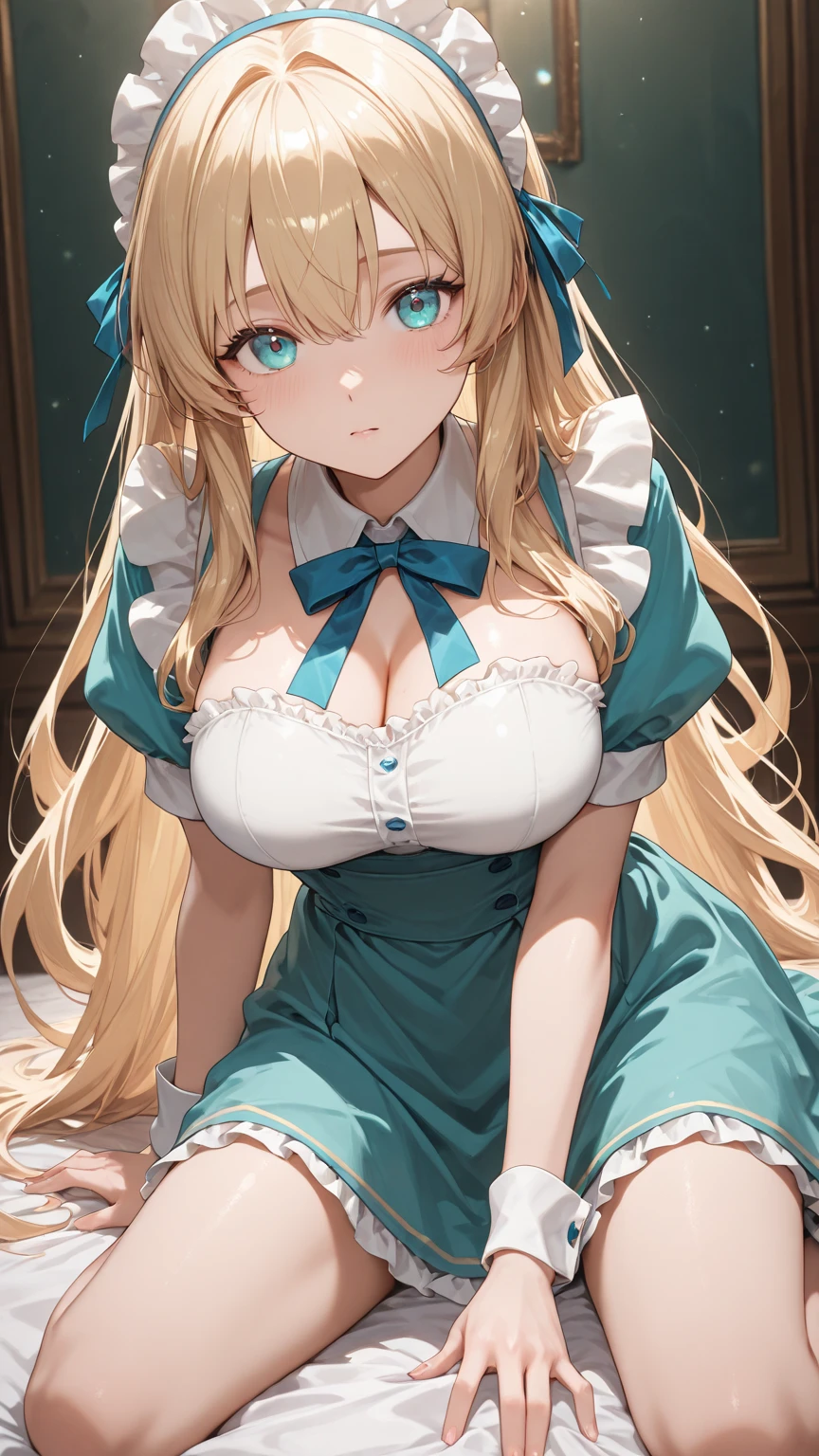 (masterpiece:1.2), (highest quality:1.2),, Curvy but slender body, perfect eyes, perfect face, perfect lighting, 1 girl, long hair, curly hair, fine clothes, detailed outdoor background, compensate, eye shadow, thick eyelashes, fantasy, (maid)、whole body,alice in wonderland、blue sky、Bright and beautiful face、young shiny glossy white shiny skin、the best beauty、the most beautiful bright blonde hair in the world、thin hair、super long straight hair、Shining beautiful bangs、Shining crystal clear big blue eyes、Very beautiful lovely 17 year old most beautiful girl in the world、big and full breasts、a sexually excited look、性的にI'm seducing you表情、open your legs、((she shows panties、lift the skirt、I'm seducing you))