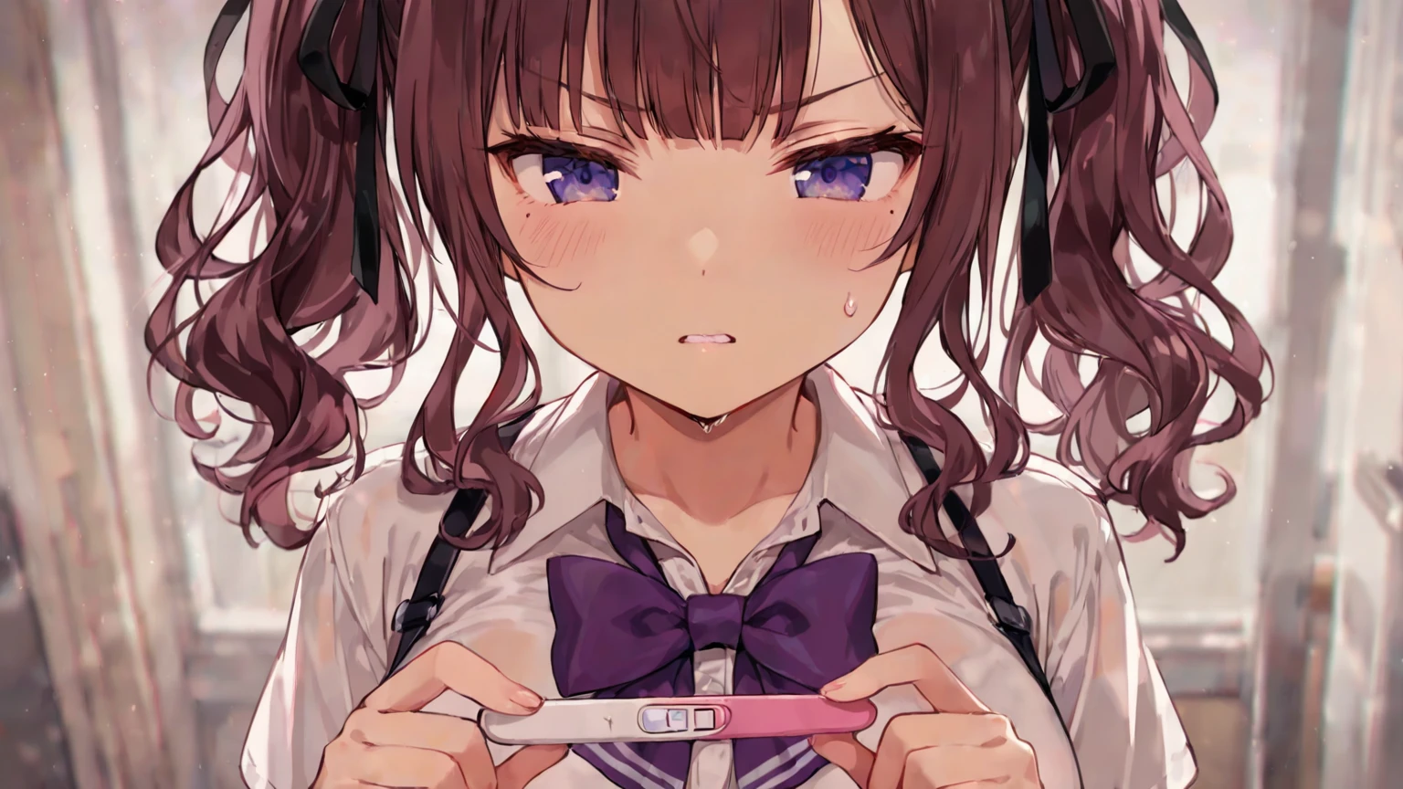 (Very detailed CG Unity 8K 壁紙),(masterpiece), (Highest quality), (Very detailed), (Best illustrations),(Best Shadow), Large Breasts,16 years old,Purple eyes and very short purple hair,White blouse,Black suit,Black tight mini skirt(Pull down your panties with both hands),Dynamic Angle