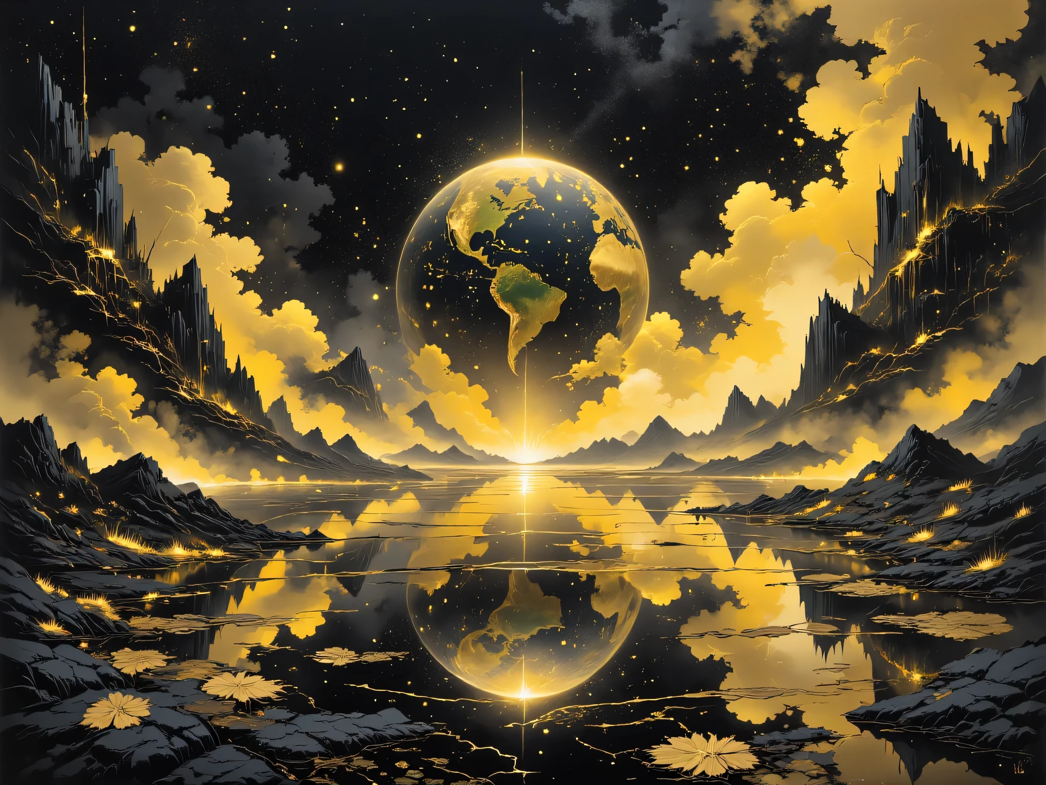 A large expanse of water in space, with images of beautiful earth  reflected in it.rearistic,yellow water