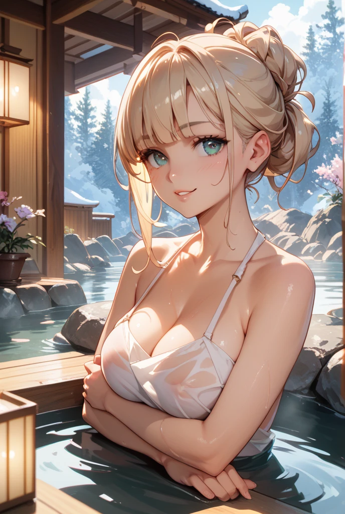 ((beautiful lighting, melhor qualidade, 8K, Obra de arte: 1.3)), 1 garota, Beleza corporal perfeita: 1.4, suado + pele molhada,((cabelo branco)), (vestido branco: 1.4), (fontes termais: 1.1), (Hot water bath), Absorver, elegante, Rosto super fino