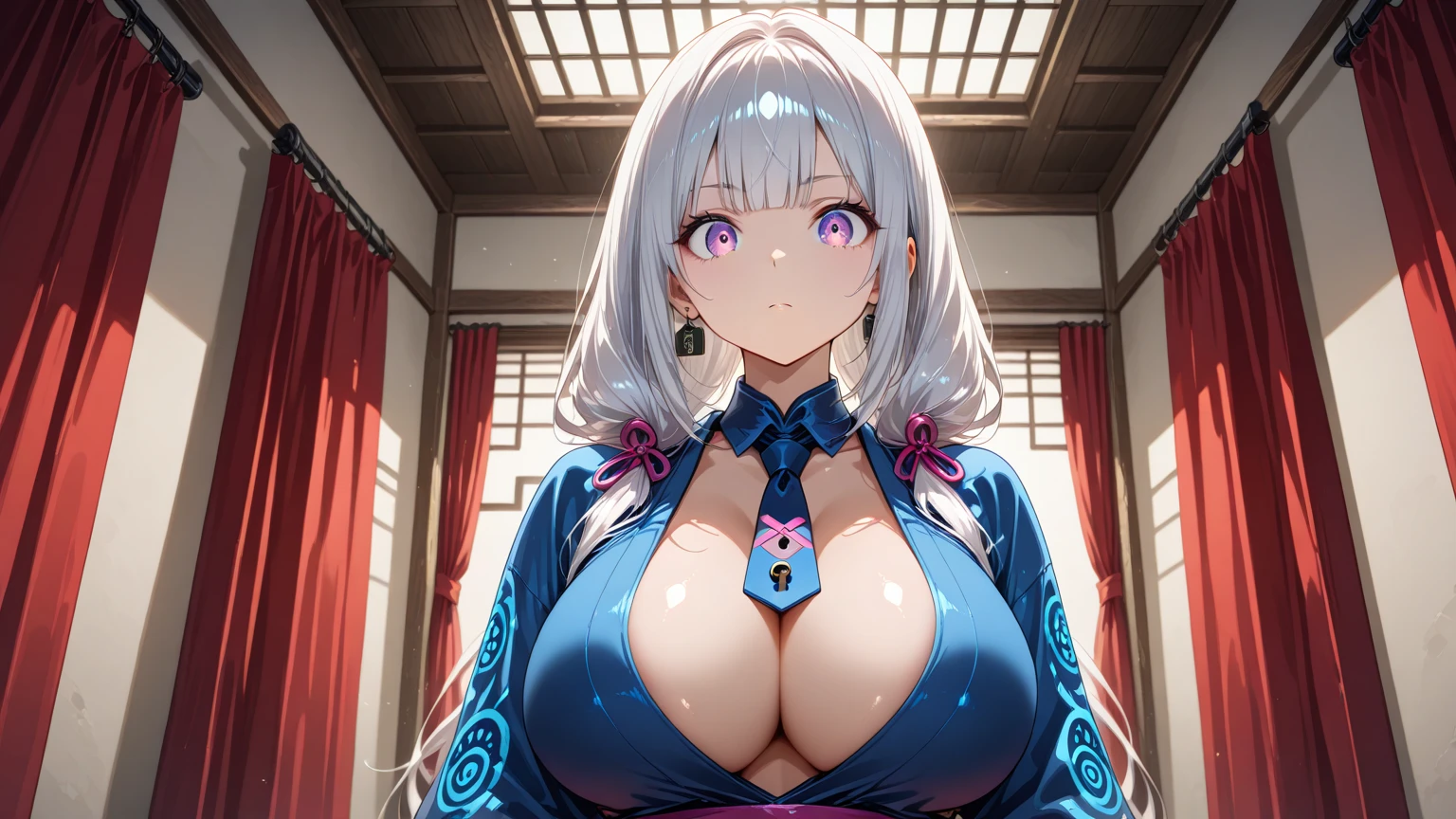 (((masterpiece, best quality))), (((superior quality))), cute girl, ((extremely detailed girl)), ((huge breasts)), yukata, bare shoulders, strapless top, long silver hair, happy
