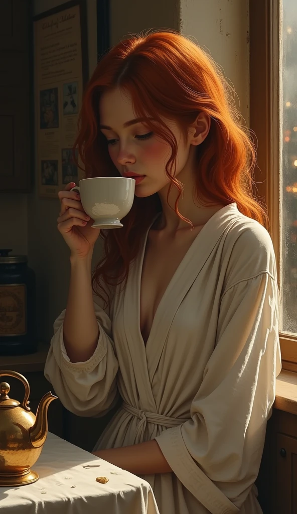 ((red-haired woman)), ((eyes browns)), ((Polish ethnicity:)), ((sippin), ((Classic interior design)), comfortable seats, sunlight streaming through windows, Elegant and timeless atmosphere, delicate details), ((subtle smile)), (natural beautiful), (feminine charm), warm color tones:1.1), (softfocus:1.2), (realistic lighting), bra in hand, moderated background conversation, (Well-crafted details), (nostalgic feel:), (homey and inviting),