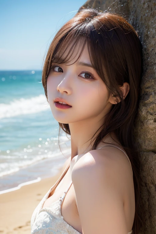 ((top-quality,8K,ultradetailed eyes,Ultra-detailed nose,)),A detailed eye,,Erotic with a little sexy clothes,Colossal tits,a very cute,,、real looking skin、realisticeyes、put on clothes、Wear a dress、Mare、the beach