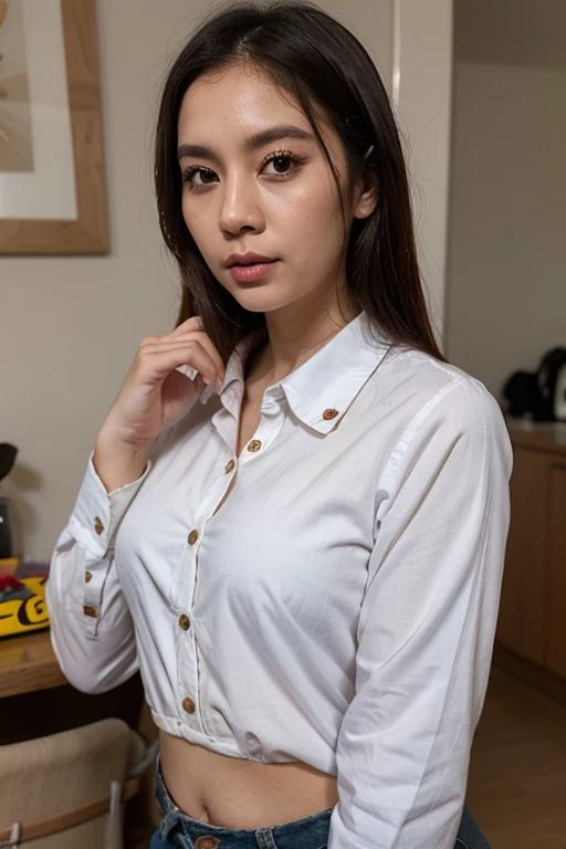 close portrait of aik0_n0texist dressed in a blouse, smile, in an office, looking at the camera, facing the camera, dynamic lighting, photorealistic, high detail, detailed, masterpiece, 8k, highres, flawless, colour, professional