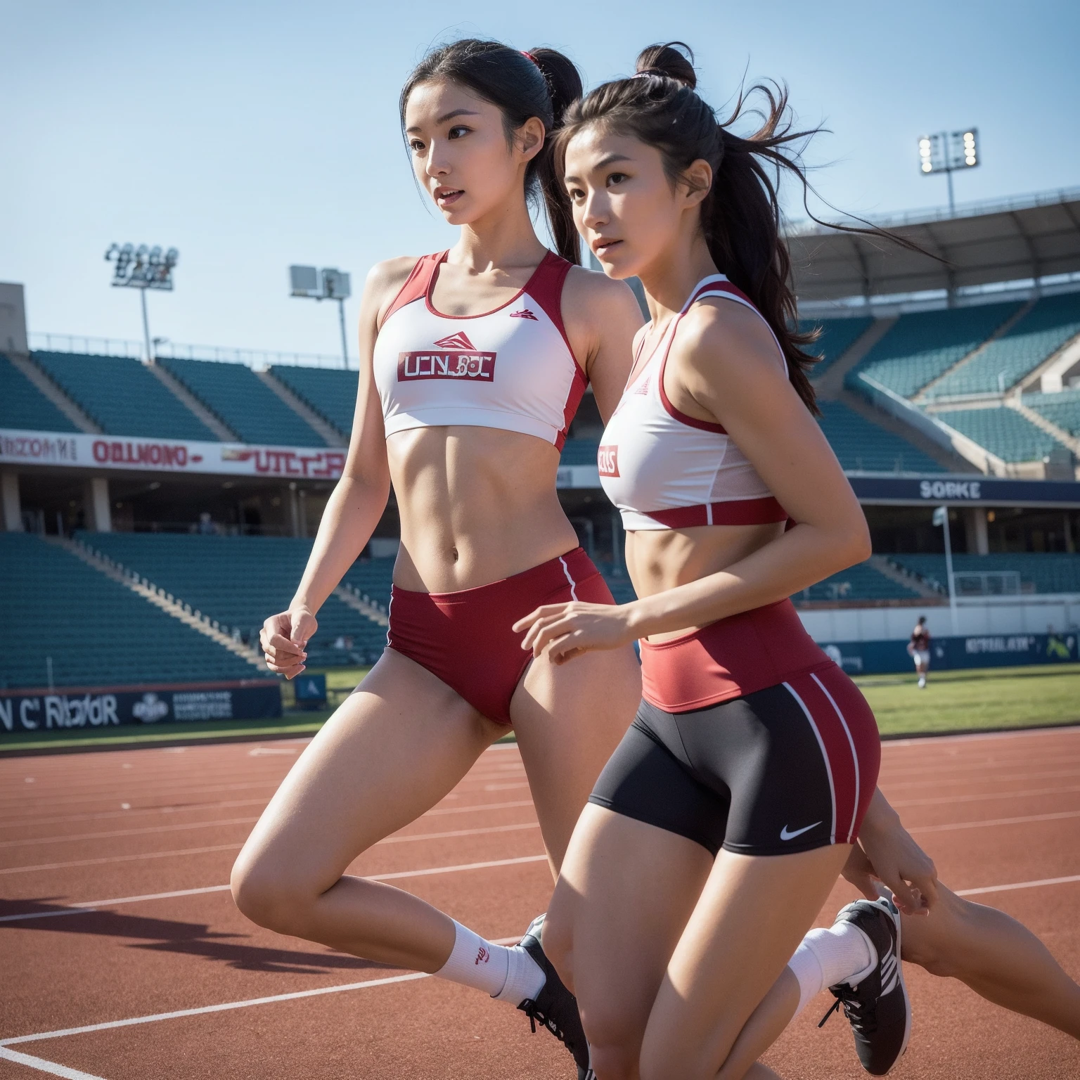 Nozomi Tanaka open thighs,squatting,solo, The beauty of 8K RAW photography:2.0, Japanese women,Preparing for exercise,stretch,(cverd nipple),(camel_toue),shoot from below,Athletics Stadium,Nike logo, Great face and dark eyes, Spread your legs wide, Small Top, (White sportswear:1.2), Glowing Skin, Realistic:1.9, Very detailed, Cowboys photographed from below:1.2, High-resolution RAW color photos, Professional photos,