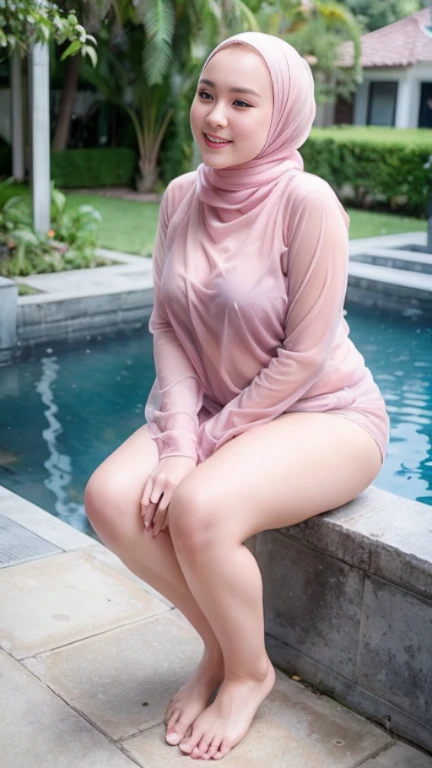 (Best quality, high resolution, masterpiece: 1.3), a beautiful korean woman in hijab, big breasts, sitting on stairs, 30 years old, wearing tight satin swim shirt, Full Body, vomiting mouth, Wearing Headphones, jungle background
