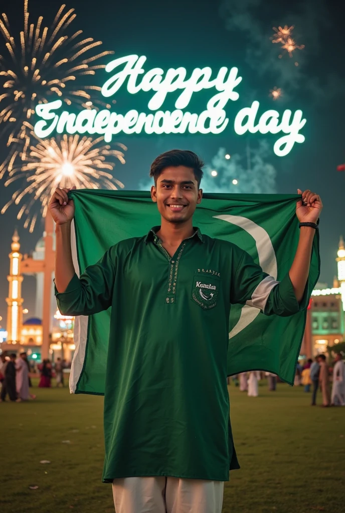 Happy Independence Day 14 August 2024 is written on big flag of Pakistan and a 25-year-old boy is standing in front of him wearing Army T-shirt, with name "AHMAD" written on t shirt, and holding the Pakistani flag in his hand, 3D art painting realistic high quality photo