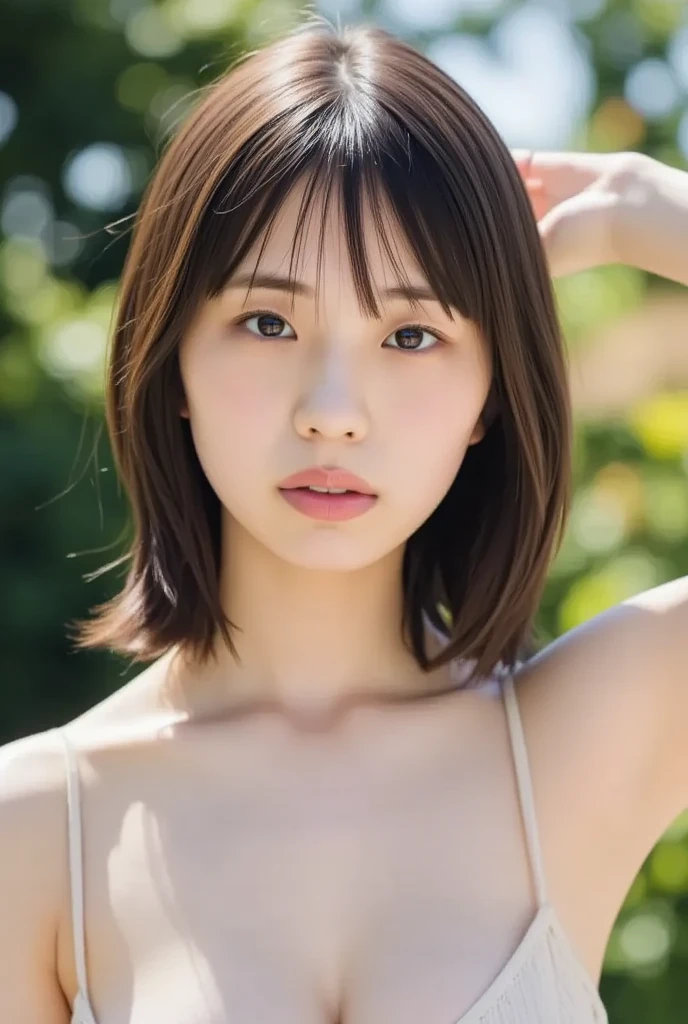 (((masterpiece))), highest quality, very detailed, detailed background, very beautiful girl, Japanese, 12,  detailed face, bangs, (whole body:1.3), (random hairstyle :1.2), (young face), (perfect body:1.1), blouse, summer, In 8K, wallpaper, wonderful, finely, Super detailed, ultra high resolution, very detailed, pure erotic face, very detailed目と顔, beautiful and detailed eyes, very detailed肌, ((bold bikini)), no makeup, (natural skin), cowboy shot、16歳のbeautiful girl、beautiful girl、1 person photo、1人のbeautiful girl、1 person photo、Photo of only one person、Photographed alone、Photo up to the chest、Photo showing up to the chest、I can see the cleavage、tits