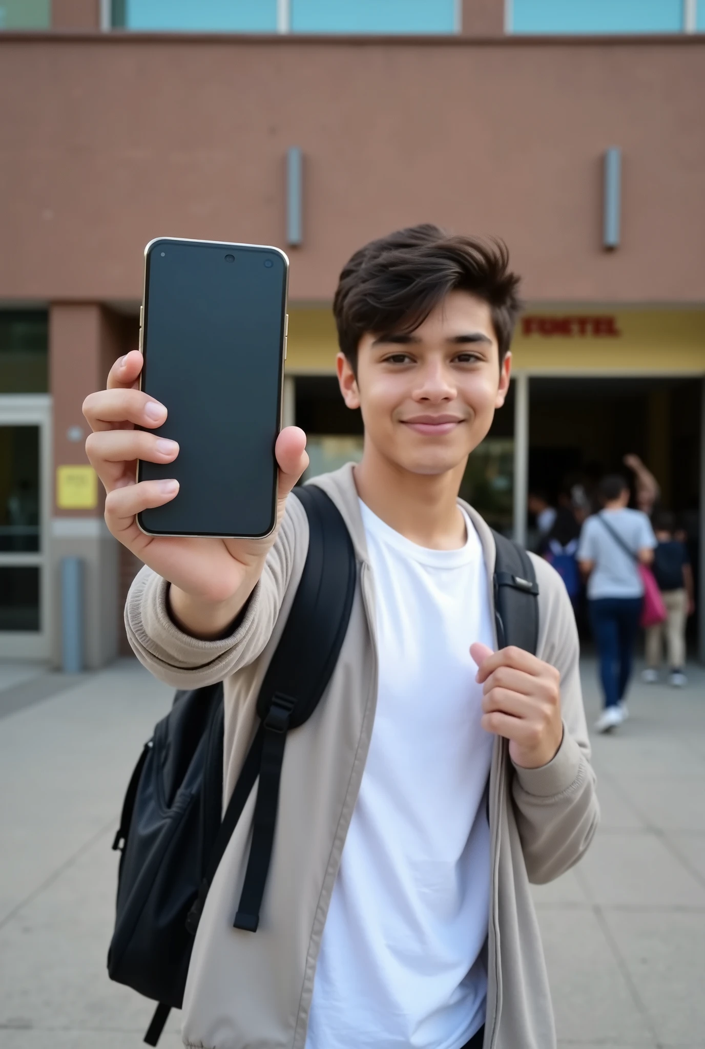 A Brazilian teenage boy, 17 years old, standing just outside a school building, holding a smartphone with the screen facing the camera as if promoting an app. He has short dark hair, light brown skin, and a casual student appearance. He wears a modern backpack, a simple t-shirt or school uniform, and a light jacket. His expression is friendly and confident, slightly smiling. The background shows a school entrance with students in the distance, natural daylight, and soft focus. Photorealistic, realistic lighting, 8K, raw detail, shallow depth of field, full-body or waist-up framing, highly professional, natural tones, clean style, dynamic lighting, no filters.
