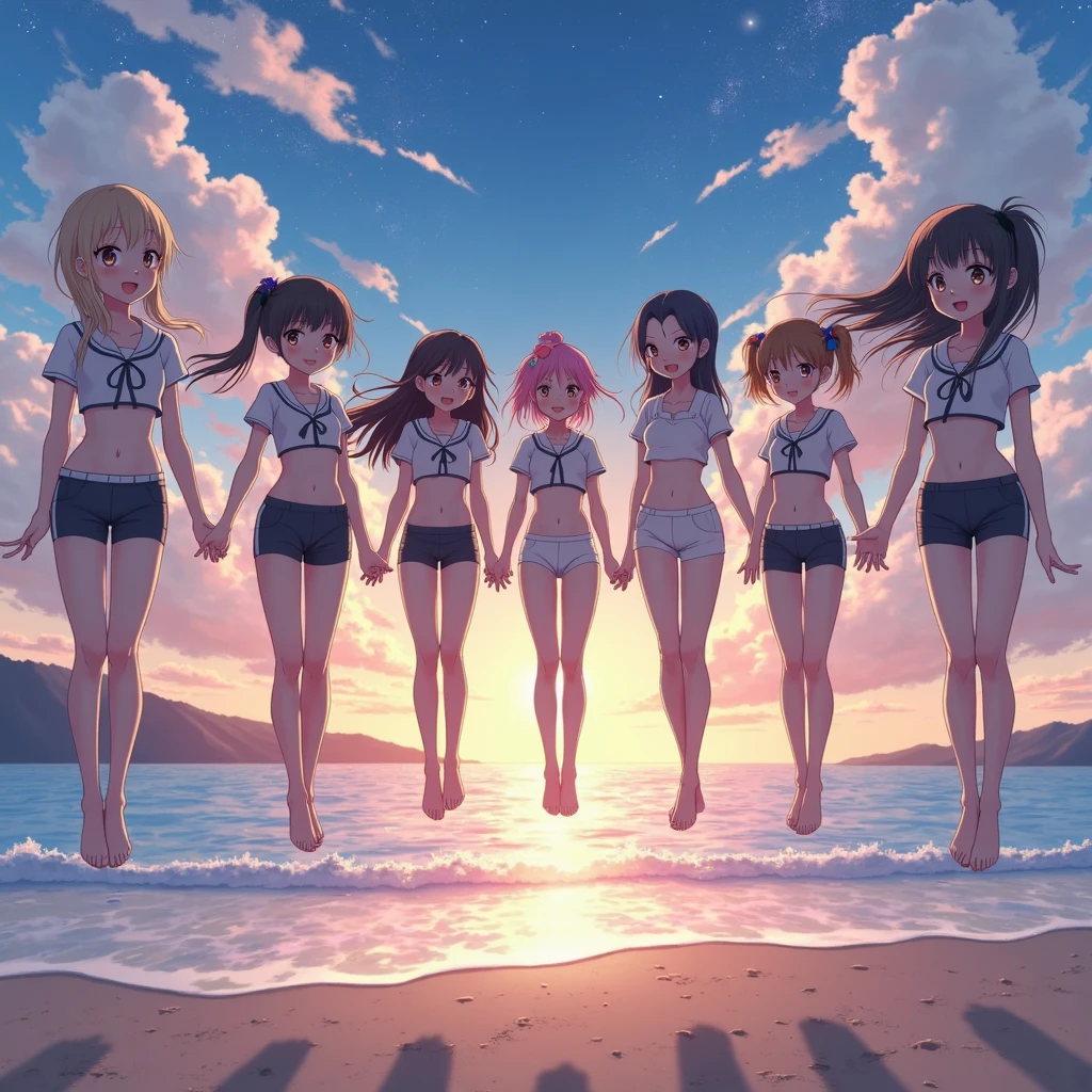 (5girls:1.4),side by side,beach,sunset,from below,swimsuit,bikini,standing,