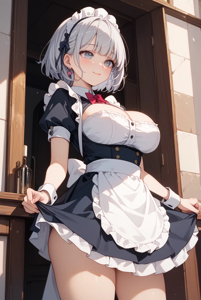 (8k, Realistic, RAW Photos, Highest quality, (from below:2), View your viewers: 1.3), (Fox Girl, Fox Ears, One Girl, Alone on the screen, dark skin, High definition, (boyish, Silver color very short hair), (Blue Eyes):1.4), とてもbeautiful, (Realistic Face), ((wet maid apron, Clothes that are mainly black with red accents), (Long skirt):1.5), (Body measurements: 88-55-77!, Height is 145 cm, Nice body, Big Breasts, (skirt hold, show off panties), slender, cleavage:1.6), Standing posture, A brilliance that captivates the viewer, beautiful expression, beautiful breasts, (Realistic Skin), beautiful...